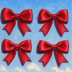 Vibrant painting depicting red bows set against a bold blue background for artistic inspiration