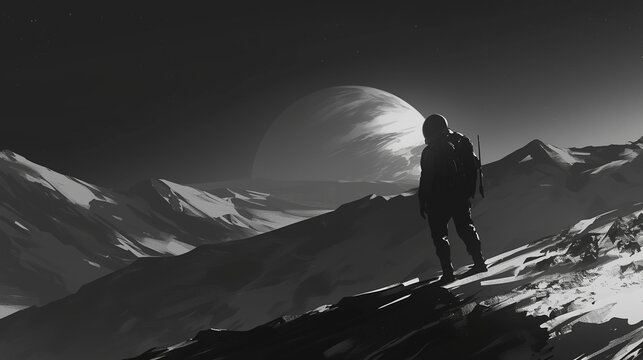 Mountain hiker exploring outdoor nature adventure with rock silhouette under sky.