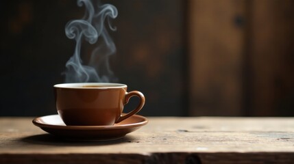 Aromatic Steam Rising From a Warm Cup of Brew on Rustic Wood