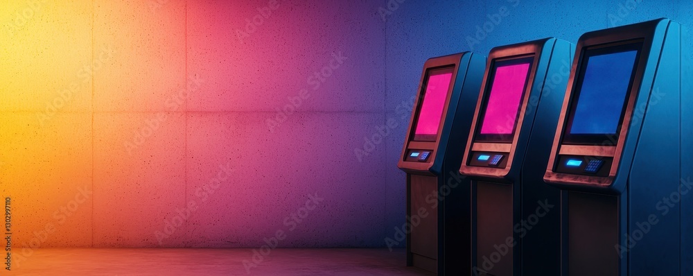 Poster three modern kiosks illuminated by vibrant colors against a textured wall, creating a futuristic atm