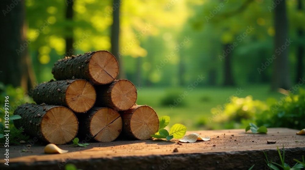 Poster stack of neatly arranged tree logs in a sunlit forest clearing, resting on a rustic wooden surface, 