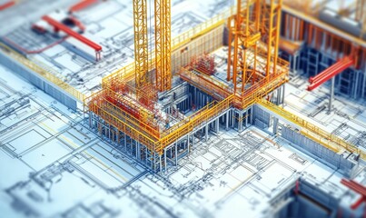 Construction site rendering blueprints and yellow crane.