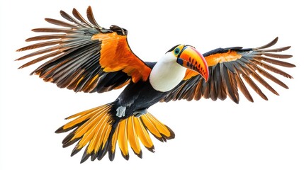 Obraz premium Tropical Toucan in Flight on White Background