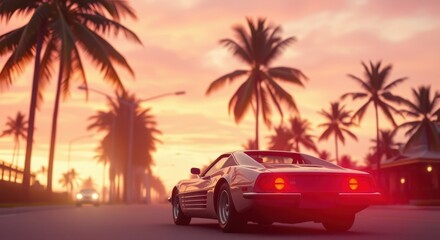 Retro car driving down a palm tree lined street during a vibrant sunset, evoking a nostalgic vibe.