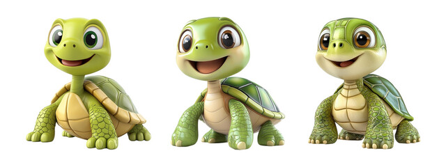 Fototapeta premium Set of cute cartoon turtles smiling together in a cheerful pose isolated on transparent background, Cutout PNG