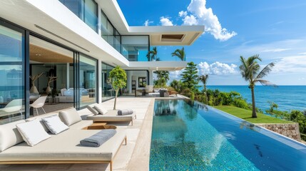 Fototapeta premium Modern Luxury Villa Overlooking Serene Ocean and Poolside Retreat