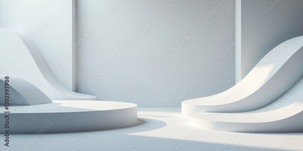 Aufkleber Abstract White Architectural Forms  Curved Platforms and Walls in a Minimalist Setting
