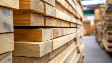 Fototapeta premium stacked wooden planks in a construction store, close-up, with copy space