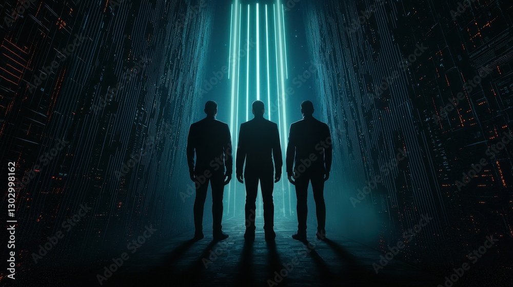 Poster three silhouetted figures stand against a backdrop of glowing, vertical light beams, creating a myst