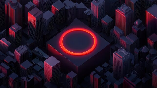 A digital artwork featuring a glowing red circle atop a dark, geometric landscape of towering buildings, creating a striking urban atmosphere.