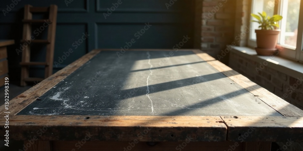 Aufkleber rustic wooden table with sunlit surface, aged texture and subtle cracks, showing natural light and s
