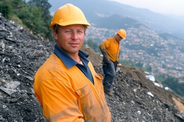 A giant landfill in a developing country, with workers manually picking through waste for valuable materials