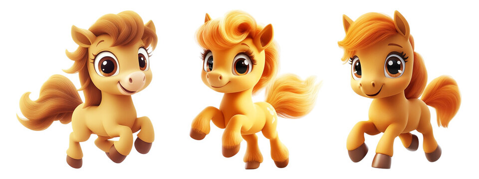 Set of cute cartoon ponies jumping playfully, isolated on transparent background, Cutout PNG