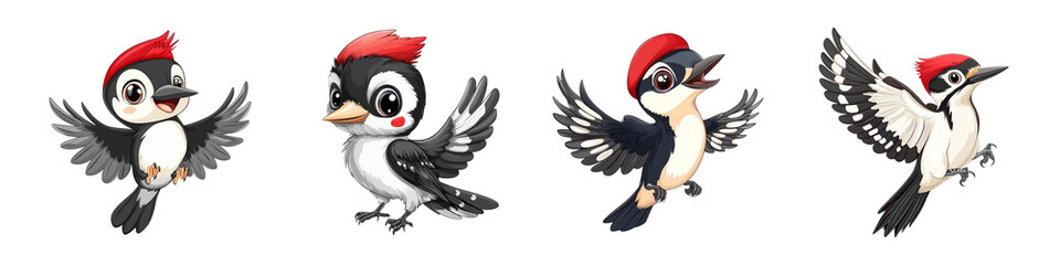 Obraz premium Set of cartoon woodpeckers in various playful poses isolated on transparent background, Cutout PNG