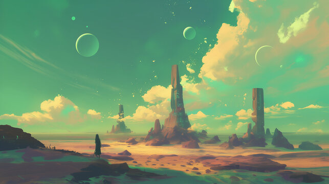 Futuristic space landscape with alien planet, galaxy, and advanced technology exploration