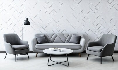 Modern Living Room Interior Design, Gray Sofa, Stylish Chairs, Neutral Color Scheme, Minimalist Decor, Perfect for Showcasing Furniture