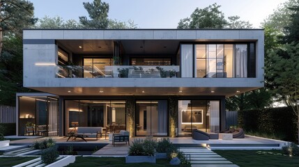 Fototapeta premium Contemporary Two-Story Home with Elegant Outdoor Living Spaces