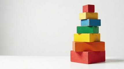 Obraz premium Colorful Wooden Blocks Stacked in a Pyramid Shape on a White Surface