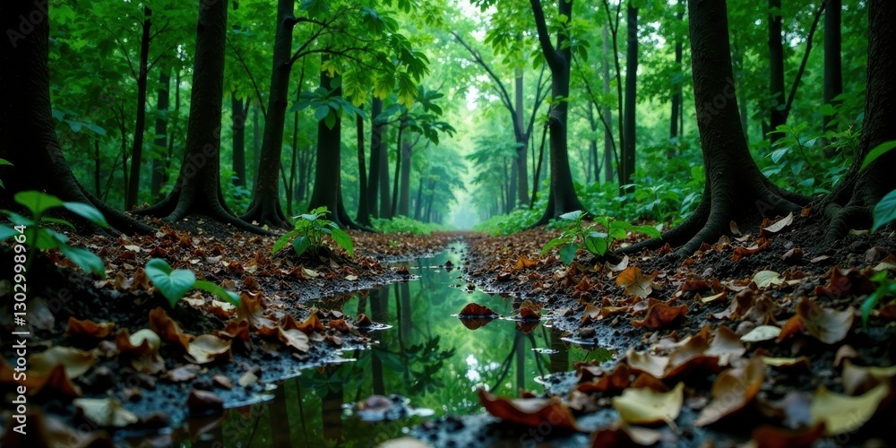 Poster serene woodland path reflecting in a tranquil puddle after a gentle rain