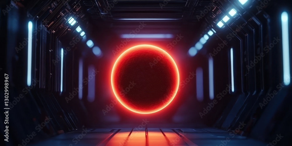 Poster a futuristic corridor features a glowing red circle, surrounded by sleek dark walls and illuminated 