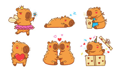Cute capybaras set. Sticker or print collection for clothes, isolated on white background. Vector illustration.