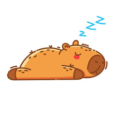 Cute and funny cartoon capybara sleeping on his stomach. Isolated on white background. Vector illustration.