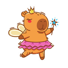 Cute capybara in a fairy or princess costume colored doodle style. Isolated on white background. Vector illustration.