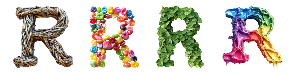 Set of creative letters R made from natural materials and colorful items isolated on transparent background, Cutout PNG