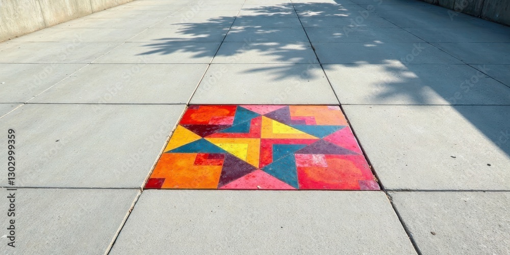 Aufkleber vibrant geometric pavement art detail a sun-dappled view of colorful embedded mosaic design on a lig