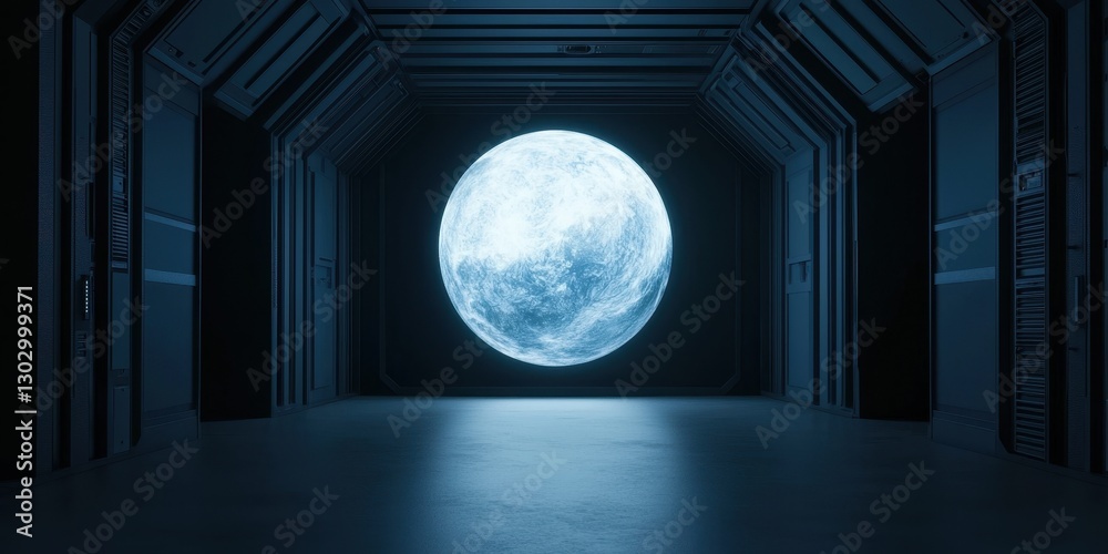 Poster a futuristic corridor features a large, glowing moon, creating a surreal and otherworldly atmosphere