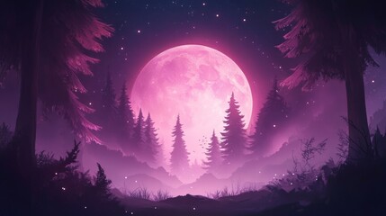 Naklejka premium Pink Moonlit Forest: A Serene Night in the Woods