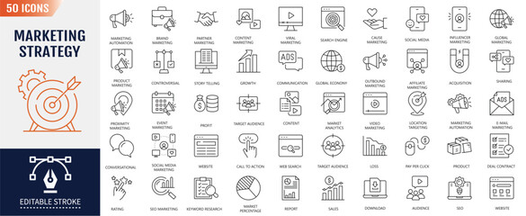 Marketing strategy line icon set. Editable stroke. Containing as digital marketing, SEO, marketing automation, social media marketing, and more. Vector illustration