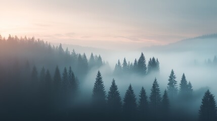 Obraz premium Misty Mountain Forest at Sunrise: A Serene Landscape