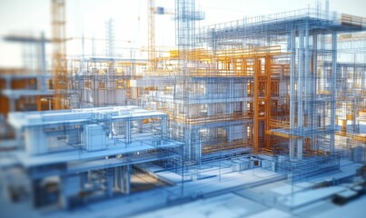 Building construction blueprint design with cranes and structure.