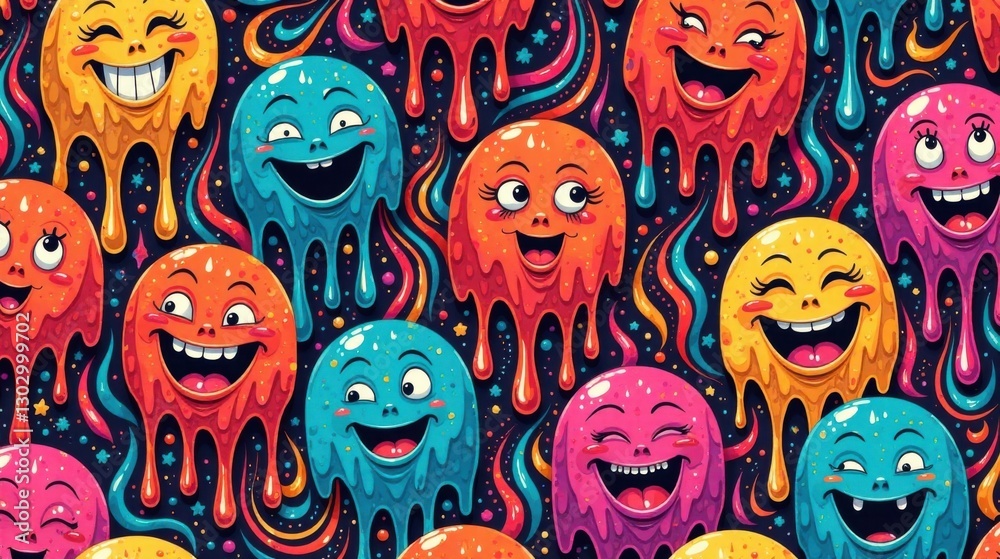 Aufkleber Joyful Melted Faces Seamless Pattern A Vibrant and Playful Design Featuring Expressive Cartoon Characters with Dripping Textures in a Repeating Background