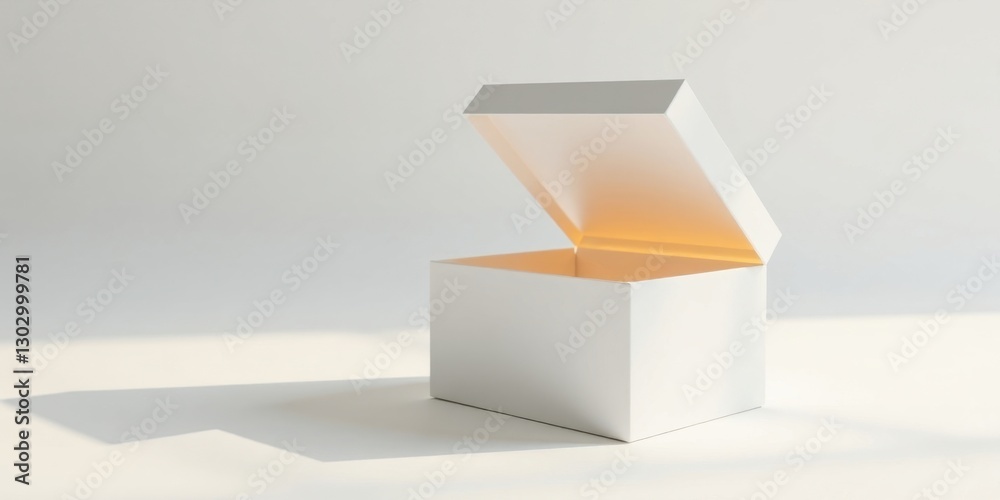 Aufkleber a pristine white rectangular box sits open, revealing its empty interior, bathed in soft, warm light