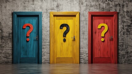 Several doors of different colors on the wall and question marks. Complex solution concept