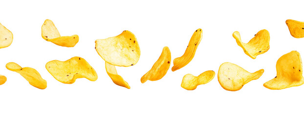 Flying or falling crispy potato chips on transparent PNG or white background. Tasty fast food, snacks, junk food.