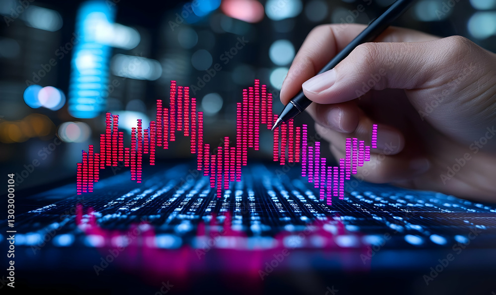 Poster hand drawing graph on digital screen with colorful data analysis