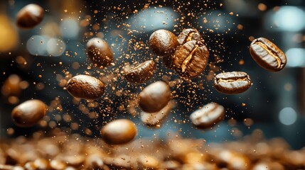 Dynamic Action Shot of Coffee Beans in Mid-Air with Fine Particles Capturing the Essence of Freshness