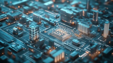 Futuristic circuit board with illuminated structures.