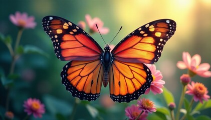 Vibrant butterfly wings blending with flowers in double exposure, photography, colorful, nature