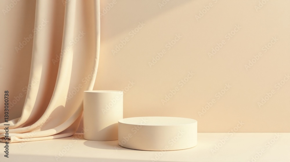Poster cream-colored draped fabric and cylindrical display platforms on a light beige background