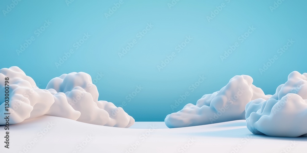 Poster a serene landscape featuring fluffy white clouds against a light blue background, creating a calm an