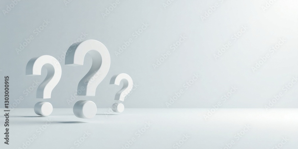 Poster intriguing white question marks in a minimalist setting, representing inquiry, uncertainty, and the 