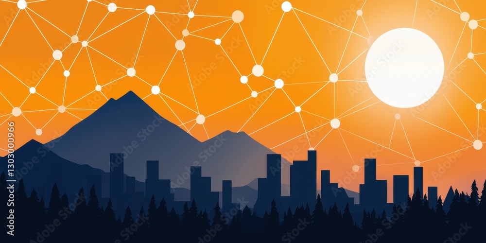 Poster a vibrant sunset over a city skyline, with mountains in the background and a network of connected do
