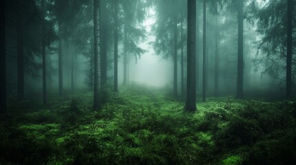Fototapeta premium Enigmatic Foggy Forest Path: A Mystical Journey into the Green Depths