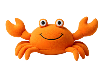 Cute Smiling Orange Crab Plush Toy Isolated on a Transparent Background PNG.
