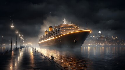 A breathtaking night view of a colossal ocean liner docked at a futuristic city terminal, illuminated by soft ambient lighting. The wide-angle shot captures its immense scale against the twinkling 