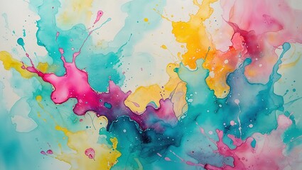 Obraz premium Bright and lively colors blend and flow in an abstract watercolor design, featuring splashes of pink, blue, and yellow. This seamless pattern adds a creative touch to various projects